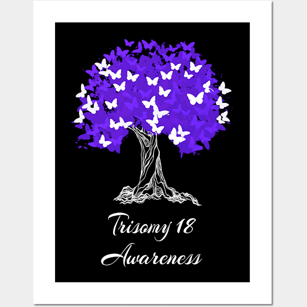 Trisomy 18 Awareness Blue Ribbon Tree With Butterflies Wall Art by MerchAndrey